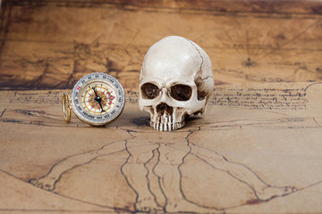 Human Skull and compass on Old map Background