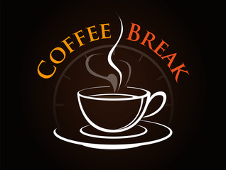 Vector, symbol of a coffee break, with the shape of a cup of hot coffee and the background somewhat vague shapes hours
