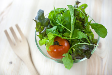 Fresh vegetable salad with green oak and tomato being prepared before cooking. (Shallow aperture intended for  the aesthetic quality of the blur.)