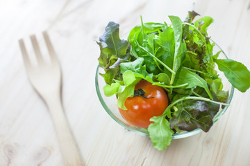 Fresh vegetable salad with green oak and tomato being prepared before cooking. (Shallow aperture intended for  the aesthetic quality of the blur.)
