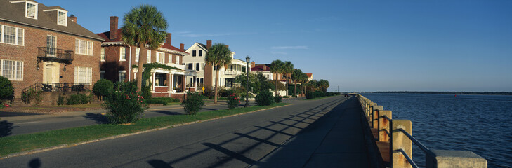 These are historic houses on Battery Street . They are next to the waterfront. They show the Southern living style in morning light.