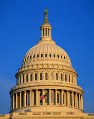 This is the dome of the U.S. Capitol against a blue sky. There is an American flag flying in front on a flagpole.