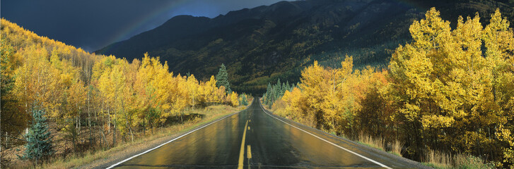 This is the Million Dollar Highway in the rain. The road is dark and wet. There are aspen trees...