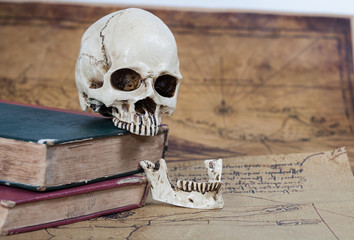 Human Skull and old text book on Old map Background