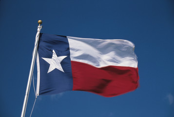 This is the State Flag flying in the wind. it is on a flagpole against a blue sky. There is a single white star on the left hand side against blue with a white stripe.