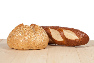 bread and coffee on a white background