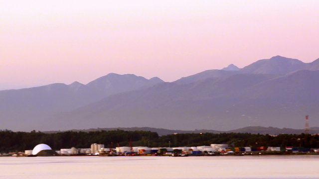 Pan Across from Port to Anchorage Alaska City Skyline