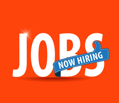 jobs opening now Hiring blue thumbs up advertising job offer and sign with the words Now Hiring isolated, Now Hiring Sign on bright background
