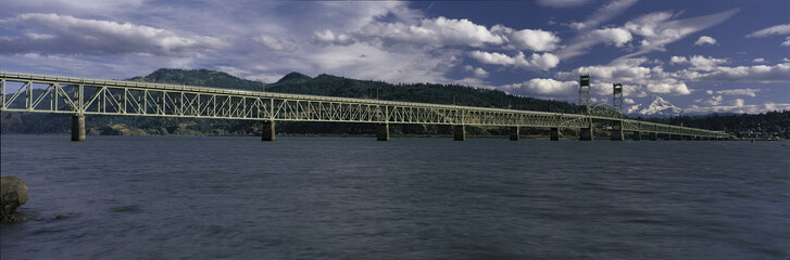 This is the Hood River Toll Bridge that crosses over the Columbia River. Mt. Hood is in the background. This is looking toward Oregon at the border.