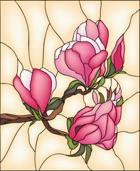 Magnolia;ia. Stained glass window, vector