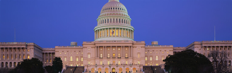 This is the U.S. Capitol at dusk with a blue sky turning into a night sky.