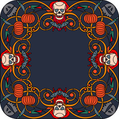 Halloween frame with sculs, bats, blood, ghosts and pumpkins, vector