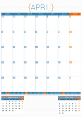 Calendar Planner 2016 Design Template. April. Week Starts Monday