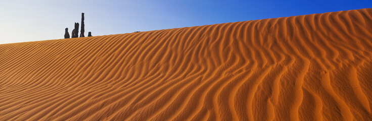 This is Yei Bi Chei and The Totem Pole at sunrise. It is peaking over a sand dune.