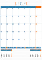 Calendar Planner 2016 Design Template. June. Week Starts Monday