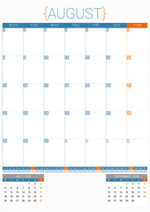Calendar Planner 2016 Design Template. August. Week Starts Monday