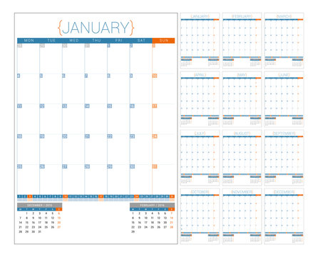 Calendar Planner 2016 Design Template. Set of 12 Months. Week Starts Monday