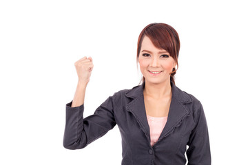 Portrait of a young attractive confident business woman, success, yes, ok, bingo