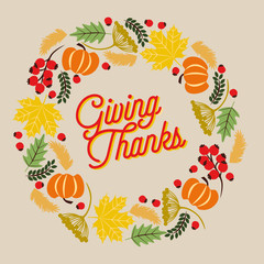 Thanksgiving card with wreath on beige background. Vector.