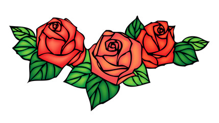 Red roses and bouton. Stained glass window - obrazy, fototapety, plakaty