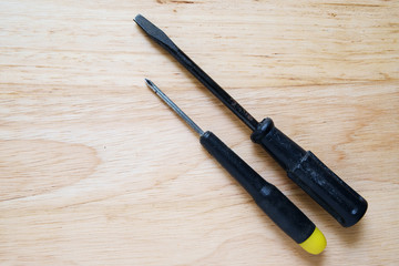 Screwdriver on wood background