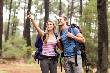 Fototapeta premium Young happy hiker couple pointing in the distance