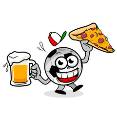 Cartoon soccer ball serving beer and pizza. Vector illustration