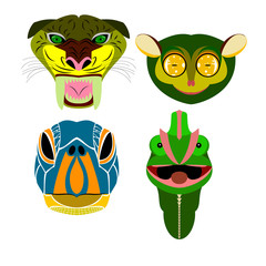 portraits of various wild animals: the saber-toothed tiger, the tarsier, a turtle and a chameleon. Vector portraits of animals for your design