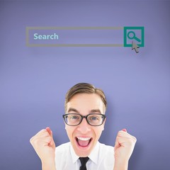 Composite image of geeky young hipster cheering at camera