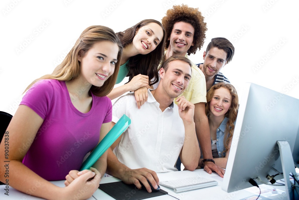 Poster composite image of smiling students in computer class