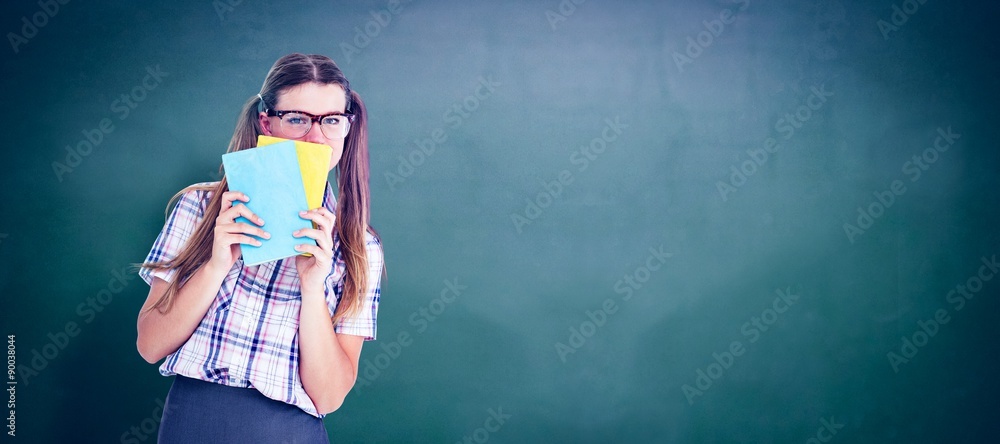 Poster composite image of geeky hipster hiding her face behind notepad