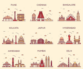 Set Indian skylines Mumbai Delhi Jaipur Kolkata