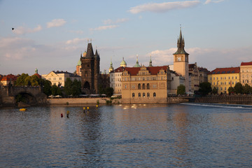 Naklejka premium Vltava river and old town by sunset, Prague, Czech republic