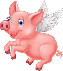 Cute pig cartoon flying on white background

