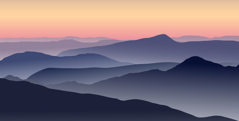 Fototapeta na wymiar Vector illustration of a misty sunrise in the blue mountains