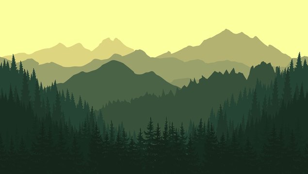 Green mountain landscape in the summer. Vector seamless background.