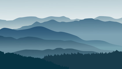Blauwe bergen in de mist. Vector illustratie.