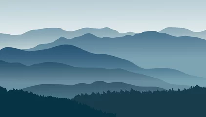Foto op Plexiglas Slaapkamer Blauwe bergen in de mist. Vector illustratie.