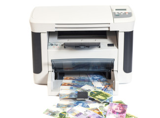 Printer printing fake Swiss francs, currency of switzerland