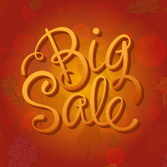 Big Autumn Sale. Hand Lettered Text on top of a Red Background with Leaves floating around.