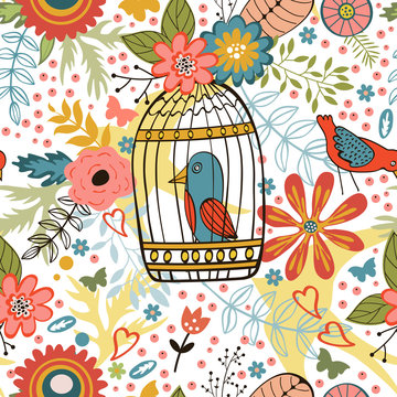 Elegant pattern with flowers, bird cages and birds