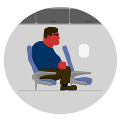 Angry man with red face, too big for seat on plane