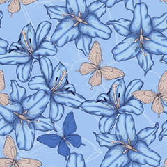 seamless background with blue lilies.