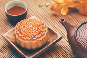 Festival moon cake and hot tea - Chinese cake