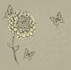 beautiful flower with butterflies. Hand-drawn contour lines and watercolor effect .
