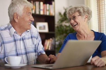 Happy senior couple using their laptop