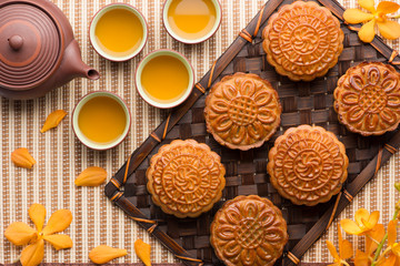 Festival moon cake and hot tea - Chinese cake