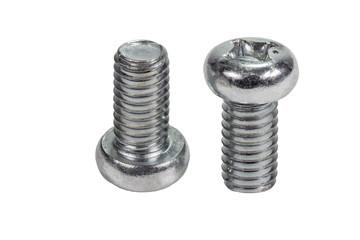 Closeup metal screw (bolt) and nuts on white background.