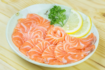 Fresh red salmon texture in the restaurant