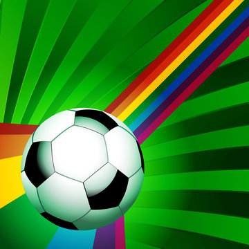 Football over a curved rainbow on green background